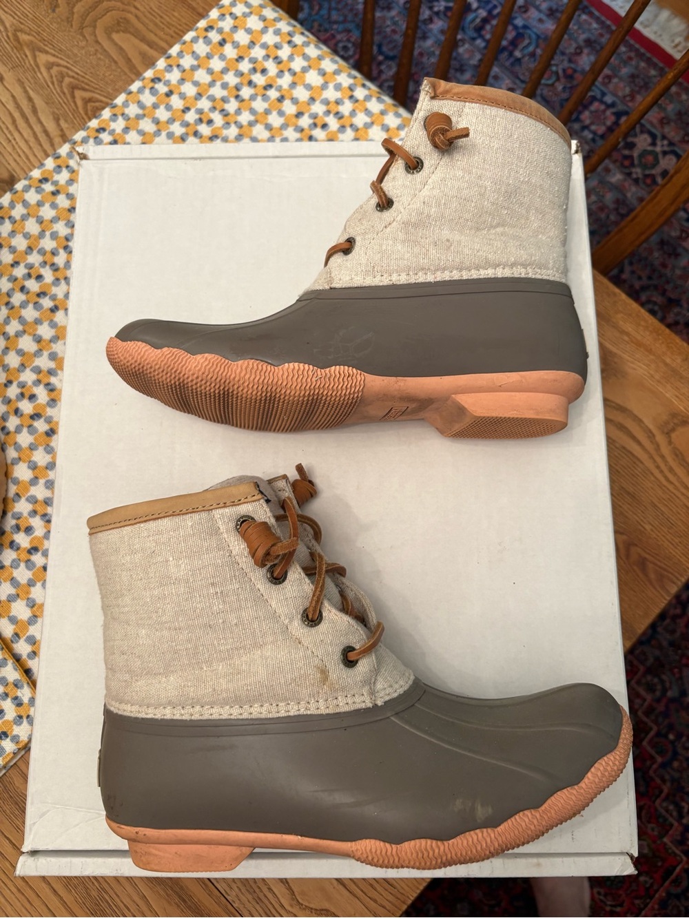 Sperry Canvas and Rubber Lace-Up Duck Boots in Beige and Taupe